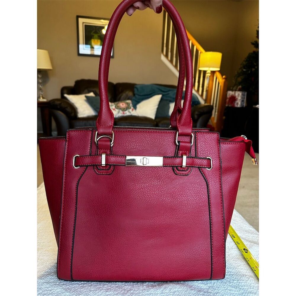 Women's Red Faux Leather Tote Bag with Top Handle & Zip Closure